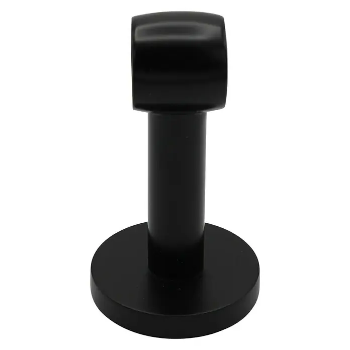 Expo Ambiente Träger Noble - Schwarz, Geeignet für: Gardinenstangen Ø 20 mm, 8,4 cm - Nahaufnahme einer schwarzen Gardinenstangenhalterung mit runder Basis und zylindrischer Stütze.