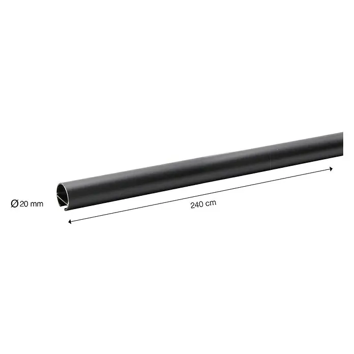 Expo Ambiente Halbprofil - Schwarz, Anzahl Läufe: 1 Stk., Länge: 240 cm - Produktbild einer schwarzen Gardinenstange mit den Maßen 20 mm Durchmesser und 240 cm Länge zur Verwendung in Innenräumen.