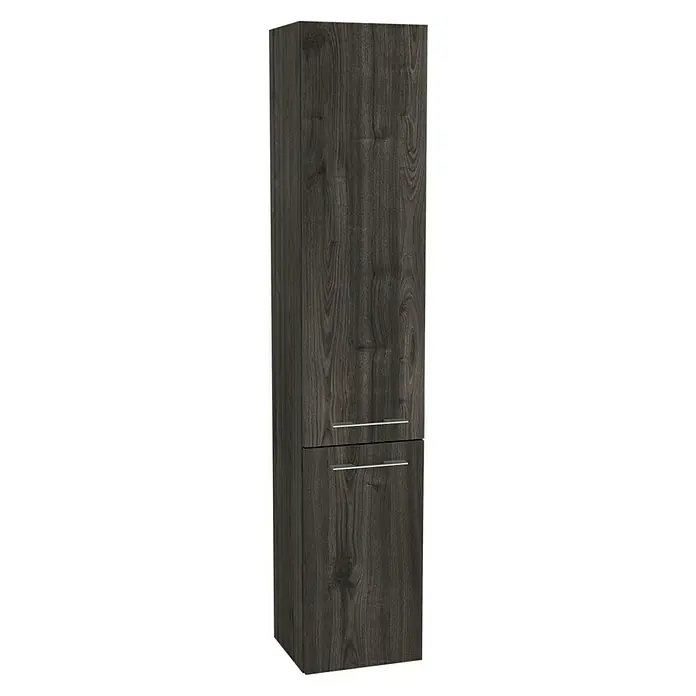 Camargue Aurinia Hochschrank - 35 x 32 x 176 cm, Marone Dekor Trüffel, Mit Wäschekippe, DIN Anschlag: Rechts - Dieser hochschwarze Badschrank verfügt über elegante Chromgriffe und bietet viel Stauraum für Ihr Badezimmer.