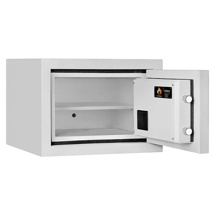 Format Feuerschutztresor Fire Safe Light - L x B x H: 33,5 x 46 x 45,2 cm, Elektronisches Zahlenschloss, 20 l - Ein geöffneter Tresor der Marke Format ist abgebildet. Er ist Weiß und hat zwei Regale im Inneren. Auf der Tür befindet sich das Logo.