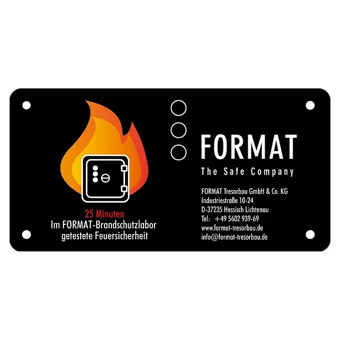 Format Feuerschutztresor Fire Safe Light - L x B x H: 33,5 x 46 x 45,2 cm, Elektronisches Zahlenschloss, 20 l - Logo von FORMAT Tresorbau, einem Hersteller von Tresoren. Das Logo zeigt einen Tresor vor Flammen und den Schriftzug "FORMAT".
