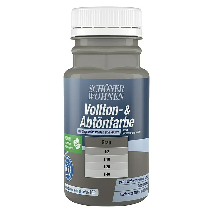 SCHÖNER WOHNEN-Farbe Vollton- & Abtönfarbe - Grau, Matt, 125 ml - Produktansicht: Eine Flasche Schöner Wohnen Vollton- & Abtönfarbe in Grau, ideal zum Abmischen und Anpassen von Farbtönen für Innen- und Außenbereiche.