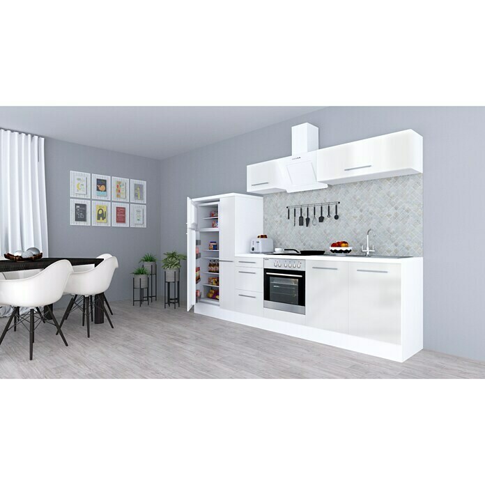 Respekta Premium Composición de cocina (Ancho: 300 cm, Con dispositivos eléctricos, Blanco de alto brillo)
