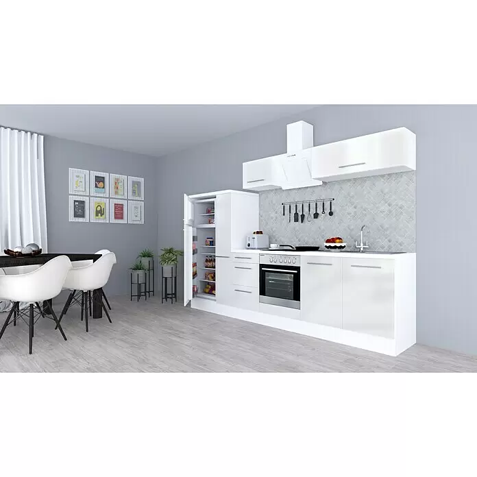 Respekta Premium Composición de cocina Amanda Alto - Ancho: 300 cm, Blanco, Con electrodomésticos - Cocina moderna blanca con electrodomésticos integrados, encimeras grises y zona de comedor con sillas blancas.