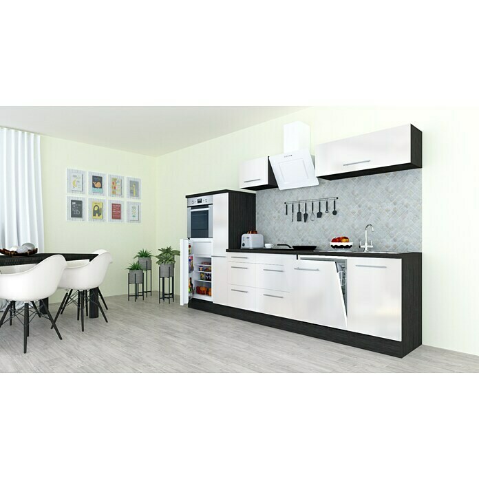 Respekta Premium Composición de cocina (Ancho: 310 cm, Con dispositivos eléctricos, Blanco de alto brillo)