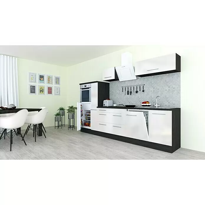 Respekta Premium Composición de cocina Amanda - Ancho: 310 cm, Roble/Blanco, Con electrodomésticos - Cocina moderna con gabinetes blancos y de madera oscura, electrodomésticos y un comedor con sillas blancas.