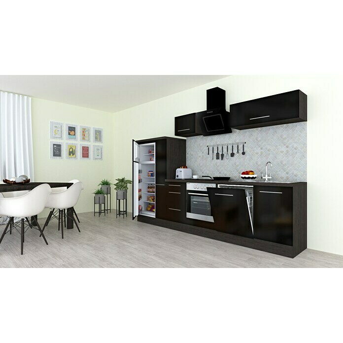 Respekta Premium Composición de cocina (Ancho: 310 cm, Con dispositivos eléctricos, Negro de alto brillo)