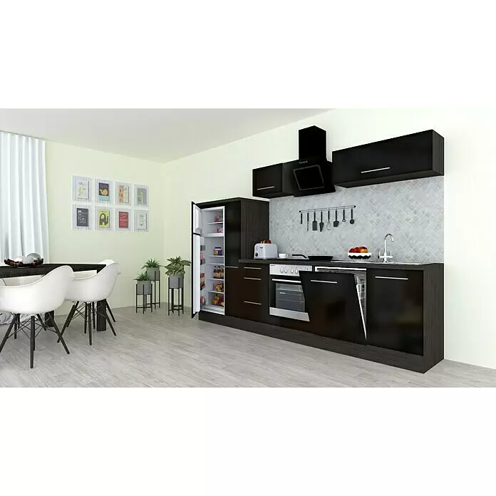 Respekta Premium Composición de cocina Amanda Alto - Ancho: 310 cm, Roble/Negro, Con electrodomésticos - Conjunto de cocina moderno con muebles de madera oscura, nevera, horno y lavavajillas, en una espaciosa zona de cocina y comedor.