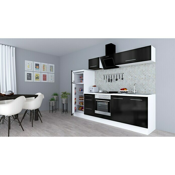 Respekta Premium Composición de cocina (Ancho: 270 cm, Con dispositivos eléctricos, Negro de alto brillo)