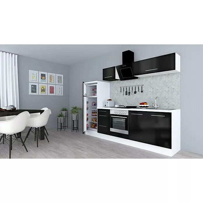 Respekta Premium Composición de cocina Amanda Alto - Ancho: 270 cm, Blanco/Negro, Con electrodomésticos - Cocina y comedor modernos con gabinetes negros, encimera blanca y refrigerador blanco. Una mesa con sillas blancas está a la izquierda.