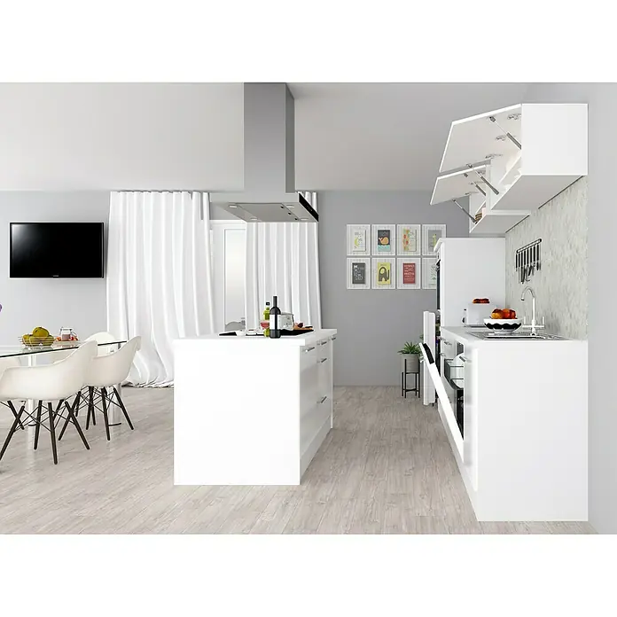 Respekta Premium Cocina de isla Amanda - Ancho: 310 cm, Blanco, Con electrodomésticos - Vista de la cocina con isla, modernos gabinetes y electrodomésticos blancos, complementada con una mesa de comedor y sillas al fondo.