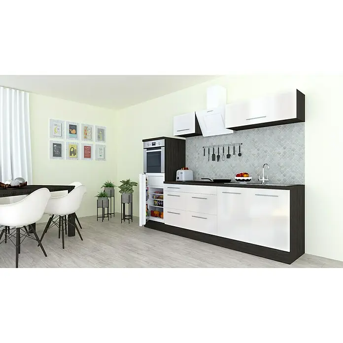 Respekta Premium Küchenzeile RP270HEWBO - Breite: 270 cm, Weiß, Mit Elektrogeräten - Küchenszene mit modernen Küchenmöbeln in Weiß und Dunkelbraun, inklusive Kühlschrank, Spüle und Esstisch mit Stühlen.