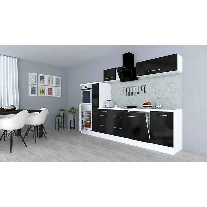 Respekta Premium Küchenzeile RP310HWSBO - Breite: 310 cm, Schwarz, Mit Elektrogeräten - Aufnahme einer modernen Küche in Schwarz und Weiß, die ein elegantes Design und Funktionalität mit klaren Linien bietet.