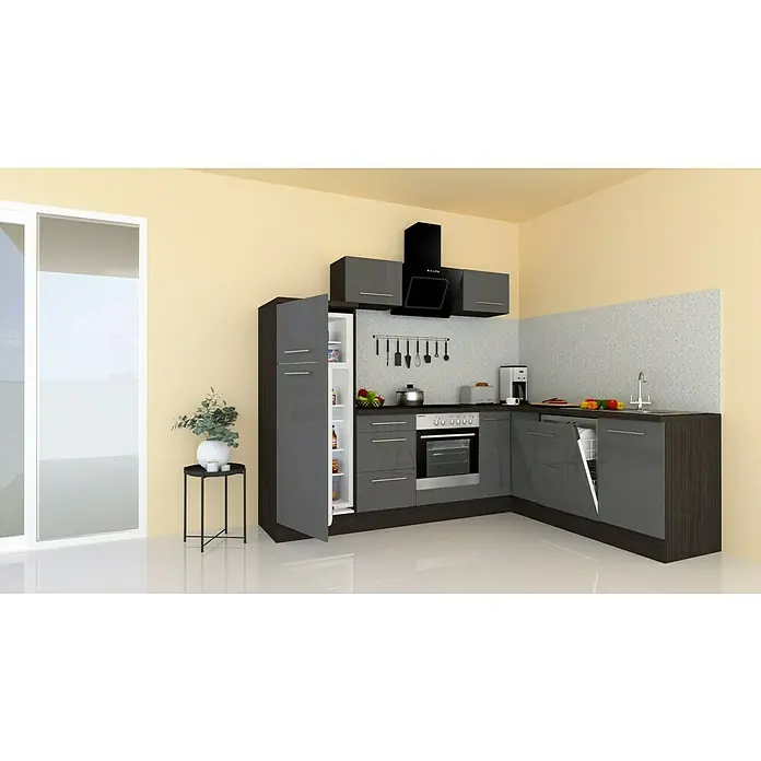 Respekta Premium Winkelküche RP260EGCBO - B x T: 260 x 60 cm, Grau, Mit Elektrogeräten - Helle Küchenszene mit modernen grauen Schränken, einem Kühlschrank mit offener Tür und einer Kochinsel mit Spüle und Geschirrspüler.