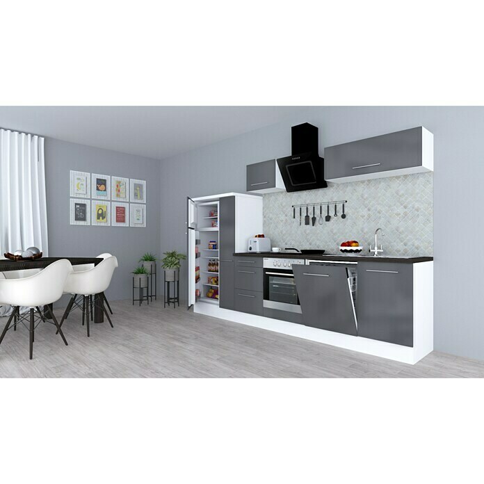 Respekta Premium Composición de cocina (Ancho: 310 cm, Con dispositivos eléctricos, Gris de alto brillo)