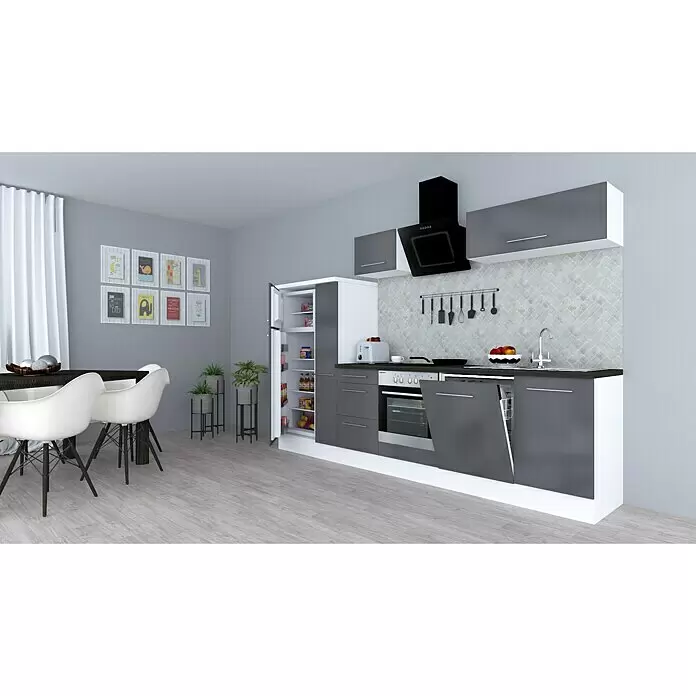 Respekta Premium Composición de cocina Amanda Alto - Ancho: 310 cm, Blanco/Gris, Con electrodomésticos - Cocina moderna gris y blanca con electrodomésticos integrados, incluyendo nevera, horno y lavavajillas, junto a un comedor.