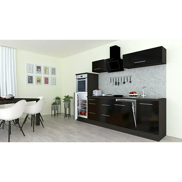 Respekta Premium Küchenzeile RP280HESBO - Breite: 280 cm, Schwarz, Mit Elektrogeräten - Moderne Küchendarstellung mit offenem Kühlschrank, dunklen Schränken und Essbereich für ein stilvolles Ambiente.