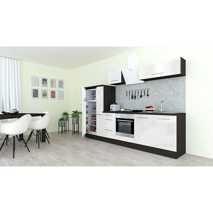 Respekta Premium Küchenzeile RP300EWCBO - Breite: 300 cm, Weiß, Mit Elektrogeräten - Helles Küchendesign mit weißen Schränken, dunklen Akzenten und Edelstahlgeräten. Ein moderner und funktionaler Raum mit Esstisch und Stühlen.