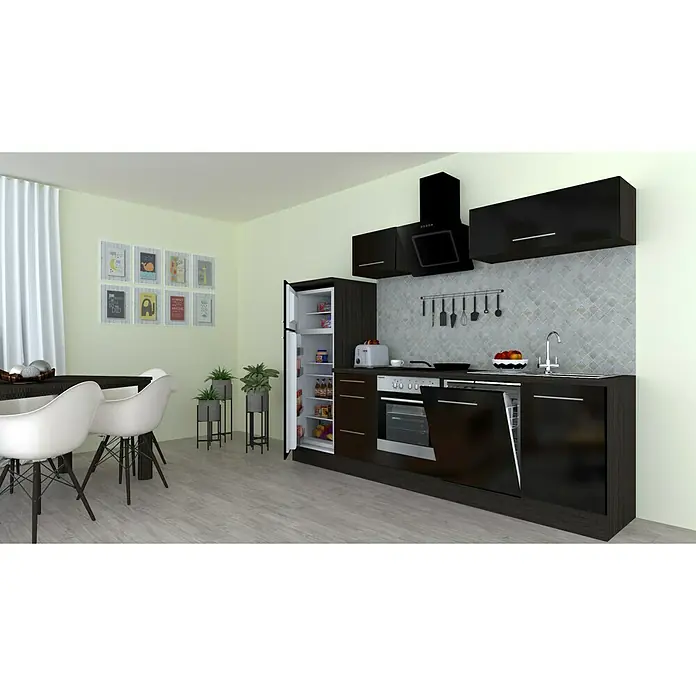 Respekta Premium Küchenzeile RP280ESCBO - Breite: 280 cm, Schwarz, Mit Elektrogeräten - Einbauküche mit dunklen Schränken, offenem Kühlschrank und Essbereich mit weißen Stühlen, die ein modernes Küchendesign präsentieren.