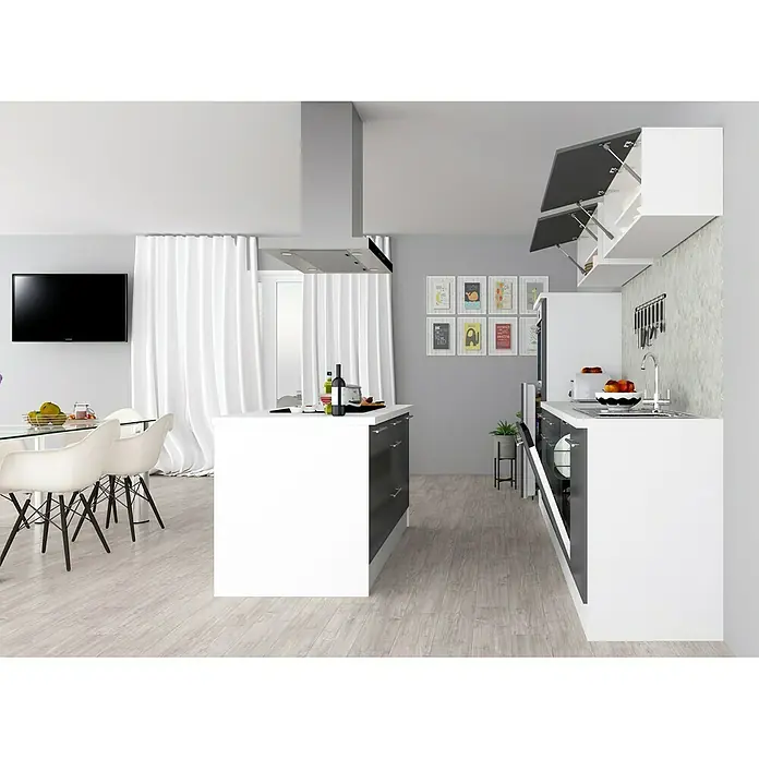 Respekta Premium Cocina de isla Amanda - Ancho: 310 cm, Blanco/Gris, Con electrodomésticos - Una cocina moderna en blanco y negro con isla, fregadero, lavavajillas y armarios superiores. El diseño elegante eleva cualquier espacio.