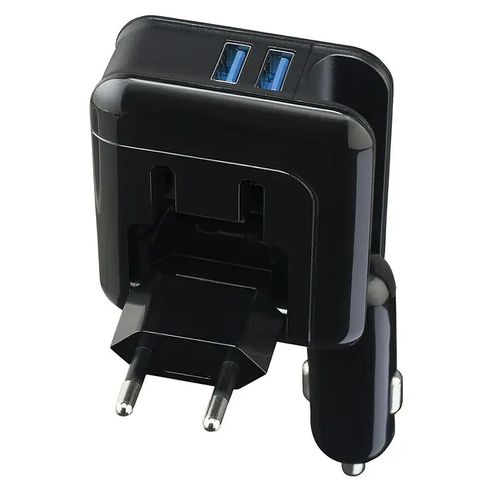 Cartrend USB-Reisestecker 2-Portfunktion - Ladestrom: 300 mA - 1.500 mA - Das Bild zeigt einen schwarzen USB-Reiseadapter mit verschiedenen Steckeroptionen für internationale Steckdosen und USB Anschlüsse zum Aufladen.