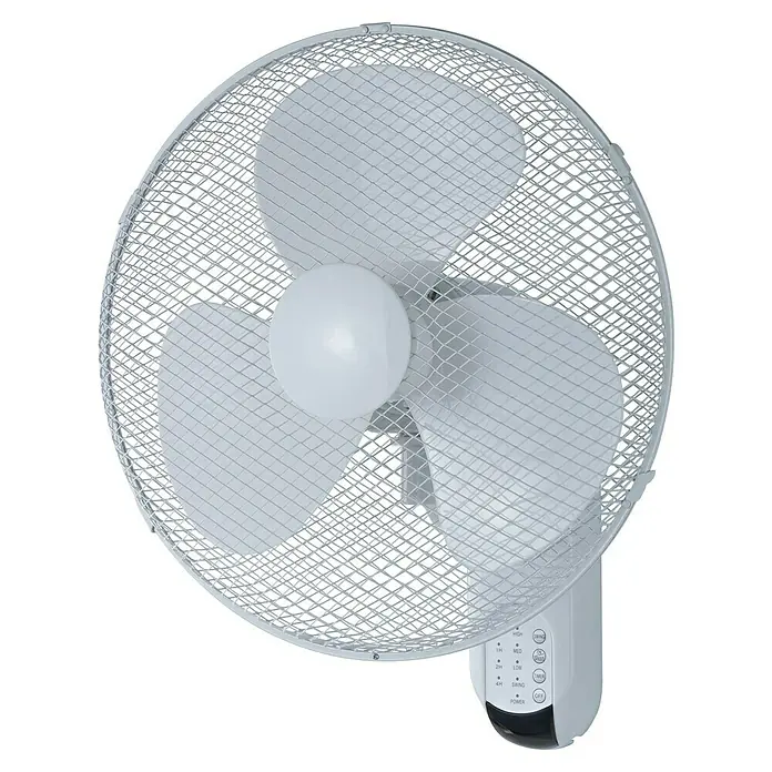 Proklima Wandventilator - Weiß, 40 cm - Nahaufnahme eines weißen Ventilators mit Schutzgitter und Bedienfeld, ideal zur Kühlung und Belüftung von Räumen.