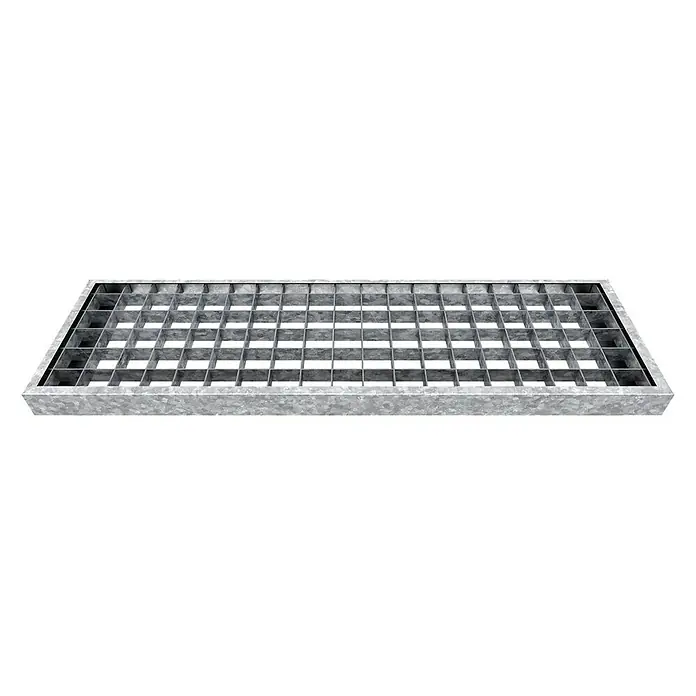 Dolle Außentreppe Gardentop - Gitterroststufen, Feuerverzinkte Geländerstäbe, Breite: 80 cm, Anzahl Stufen: 6 Stk., Geschosshöhe: 108 cm - 132 cm - Das Bild zeigt eine rechteckige, industrielle Gitterrostabdeckung aus Metall, die für den Einsatz in verschiedenen Umgebungen geeignet ist.