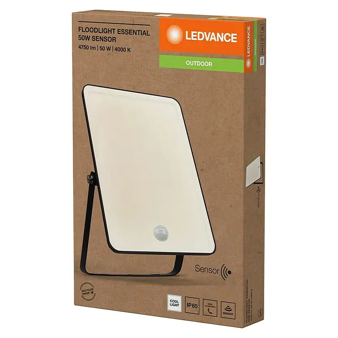 Ledvance Essential LED-Strahler Sensor - 50 W, 4.750 lm, IP65, L x B x H: 238 x 161 x 34 mm - Die Verpackung einer LEDVANCE Floodlight Essential 50W Sensor Außenleuchte, die 4750 lm liefert und in einer Farbtemperatur von 4000 K strahlt.