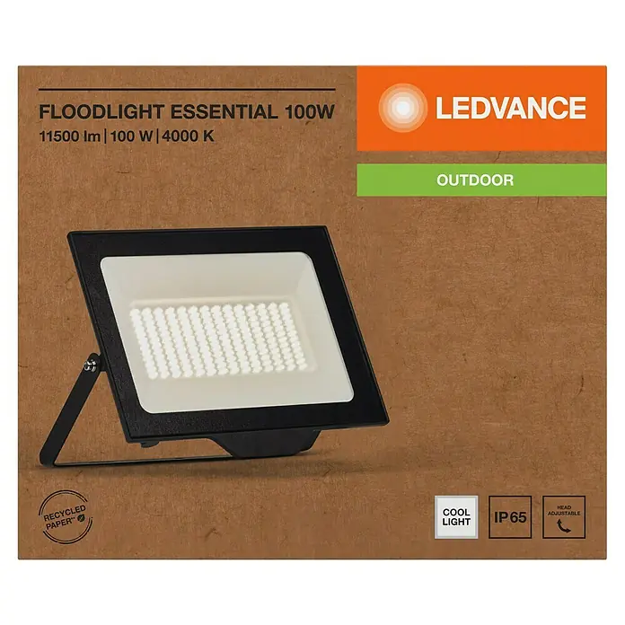 Ledvance LED-Baustrahler - 100 W, 10.000 lm, 4.000 K, 270 x 30 x 222 mm, IP65 - Schwarzer 100W LED-Flutlichtstrahler mit kaltem Licht (4000K), IP65 Außenbereich und verstellbarem Kopf.