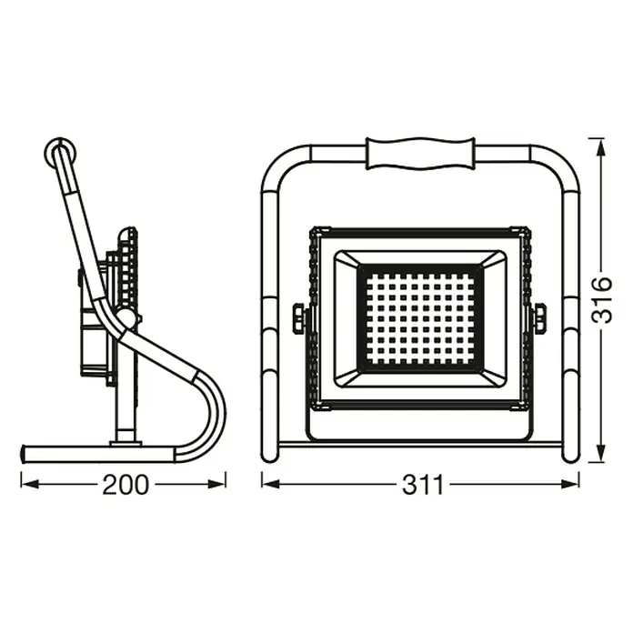 Ledvance LED-Baustrahler - 4.000 K, 311 x 200 x 316 mm, IP44 - Technische Zeichnung einer tragbaren LED-Arbeitsleuchte mit stabilem Metallrahmen und Tragegriff.
