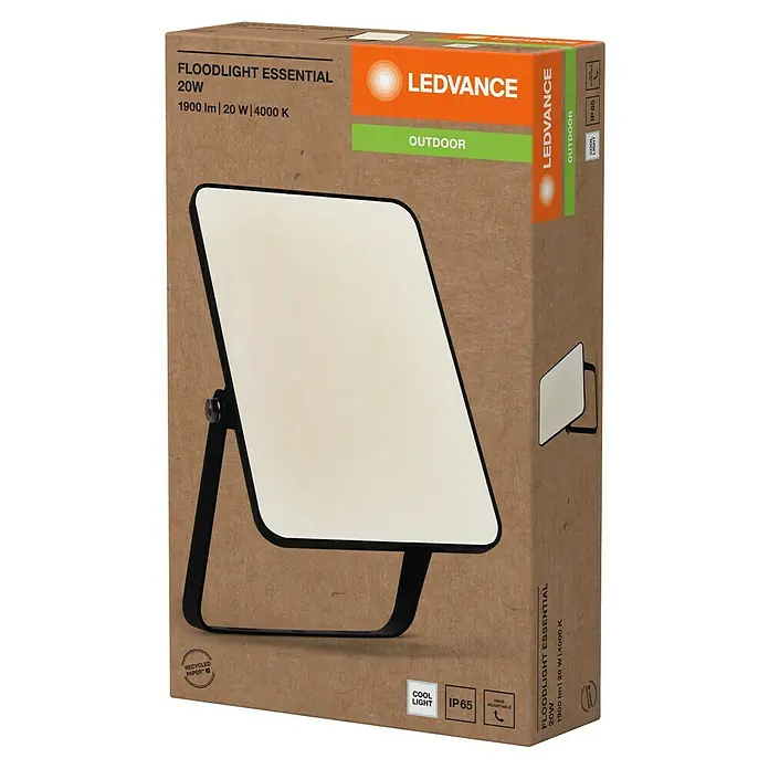 Ledvance Essential LED-Strahler - 20 W, 1.900 lm, 4.000 K, L x B x H: 173 x 111 x 28 mm, IP65 - Nahaufnahme der Verpackung eines LEDVANCE Floodlight Essential 20W Strahlers, ideal für den Außenbereich mit 1900 lm und 4000 K Farbtemperatur.