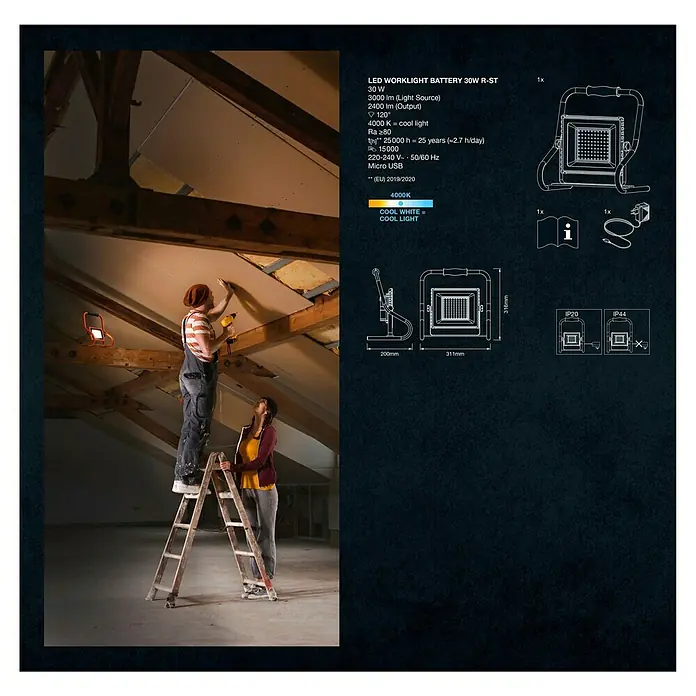 Ledvance LED-Baustrahler - 4.000 K, 311 x 200 x 316 mm, IP44 - Tragbarer LED-Arbeitsscheinwerfer im Einsatz bei Deckenmontage, mit technischen Daten, Abmessungen und Zubehör.