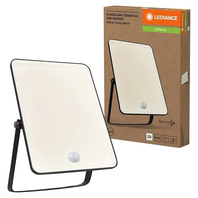 Ledvance Essential LED-Strahler Sensor - 50 W, 4.750 lm, IP65, L x B x H: 238 x 161 x 34 mm - Das LEDVANCE Floodlight Essential 50W Sensor ist ein leistungsstarker Außenstrahler mit Bewegungsmelder für zuverlässige Beleuchtung.