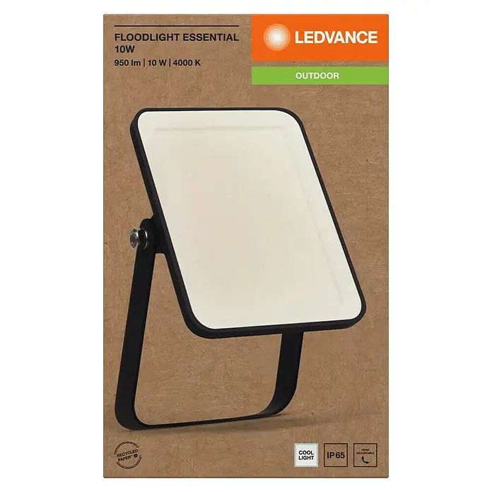 Ledvance Essential LED-Strahler - 10 W, 950 lm, 4.000 K, L x B x H: 132 x 83 x 28 mm, IP65 - Schwarzer LED-Fluter mit weißer Leuchtfläche und verstellbarem Kopf, für den Außeneinsatz.