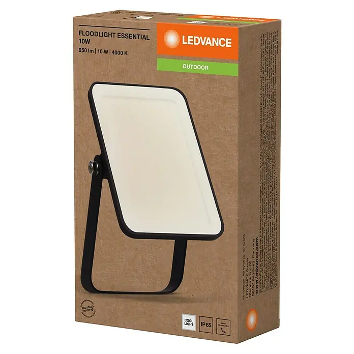 Ledvance Essential LED-Strahler - 10 W, 950 lm, 4.000 K, L x B x H: 132 x 83 x 28 mm, IP65 - Schwarzer LED-Fluter mit weißer Blende auf brauner, recycelter Kartonverpackung. 10W, 950lm, 4000K Außenleuchte.