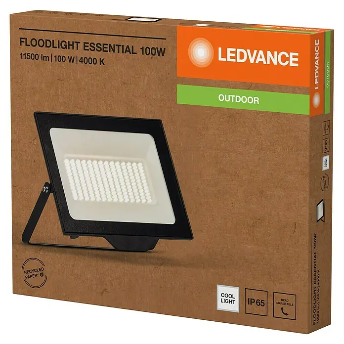 Ledvance LED-Baustrahler - 100 W, 10.000 lm, 4.000 K, 270 x 30 x 222 mm, IP65 - Braune Kartonverpackung für einen LEDVANCE 100W LED-Außenstrahler, mit abgebildetem schwarzem Strahler und heller Leuchtfläche.