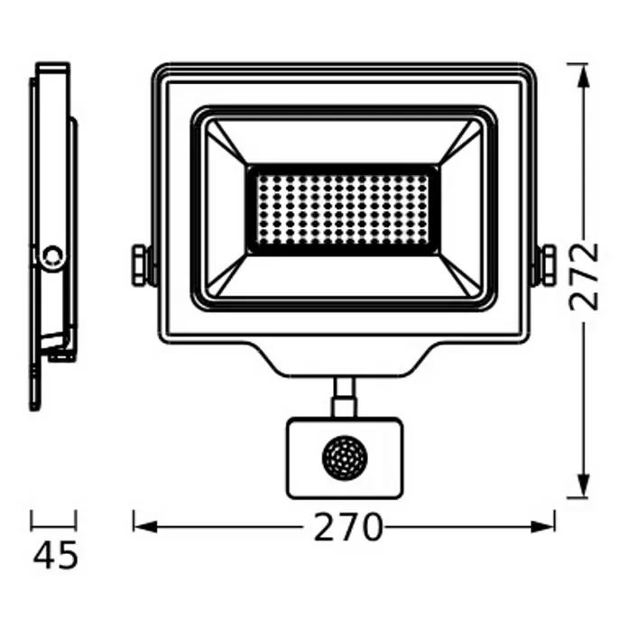 Ledvance Essential LED-Strahler Sensor - 100 W, 1.500 lm, 4.000 K, L x B x H: 337 x 45 x 310 mm, IP65 - Technische Zeichnung eines rechteckigen Flutlichtstrahlers mit Bewegungsmelder, zeigt Front-, Seitenansicht und Maße.