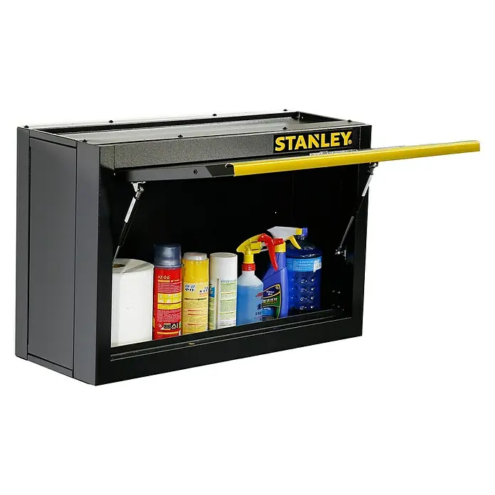 Stanley Armario colgante STST97599-1 - L x An x Al: 30,5 x 77,5 x 50 cm, Negro - Un armario de herramientas Stanley abierto con varios productos de limpieza y cuidado del automóvil. Almacenamiento práctico para el taller.