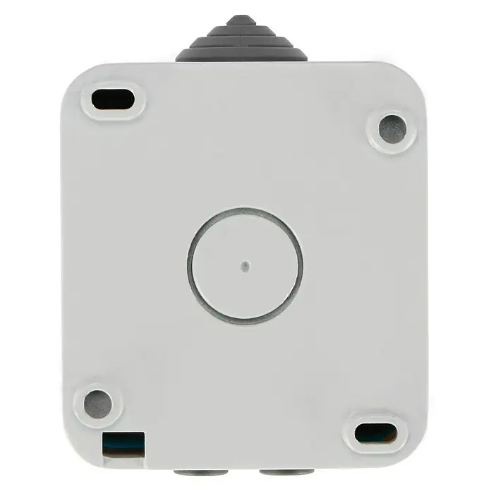 Voltomat Blueline Sensor-Schalter - Grau, Matt, 1-fach, Ausrichtung Schalterprogramm: Horizontal, Aufputzmontage, Schutzart: IP54 - Aufnahme des weißen, quadratischen Smart Sensor-Produktes mit abgerundeten Ecken, das sich durch sein schlichtes Design auszeichnet.