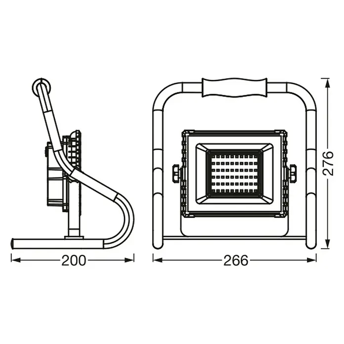 Ledvance LED-Baustrahler R-Stand - 20 W, 1.800 lm, 4.000 K, 266 x 200 x 276 mm, IP44 - Technische Zeichnung einer tragbaren LED-Arbeitsleuchte mit Metallrahmen und Griff, Seiten- und Vorderansicht mit Maßen.