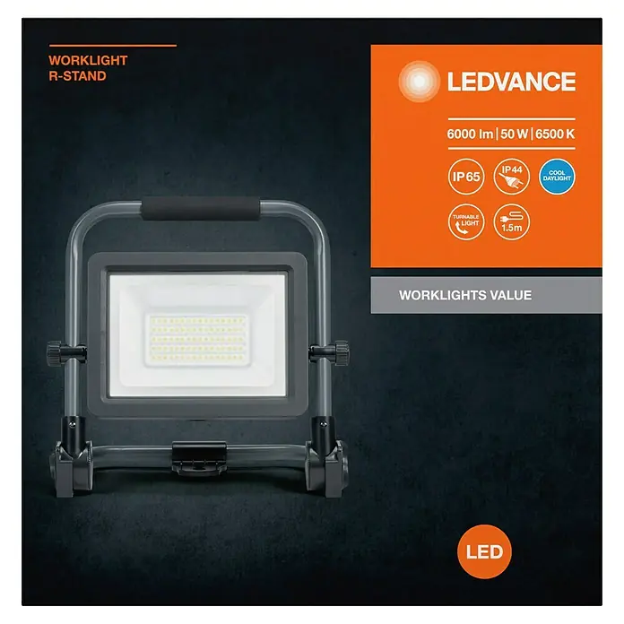 Ledvance LED-Baustrahler R-Stand - 50 W, 6.000 lm, 6.500 K, 291 x 174 x 280 mm, IP65 - Das LEDVANCE Worklight R-STAND mit 6000 Lumen bietet helles, effizientes Licht für Arbeitsbereiche. Kompaktes Design, robust und vielseitig.