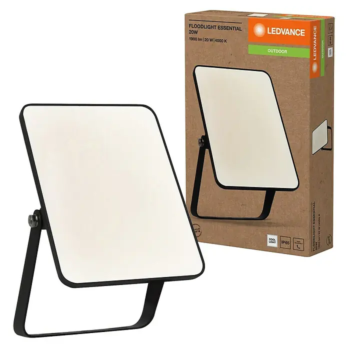 Ledvance Essential LED-Strahler - 20 W, 1.900 lm, 4.000 K, L x B x H: 173 x 111 x 28 mm, IP65 - Das LEDVANCE Flutlicht Essential 20W im Detail und in seiner Verpackung, ideal für den Außenbereich mit 1900 lm und 4000 K.