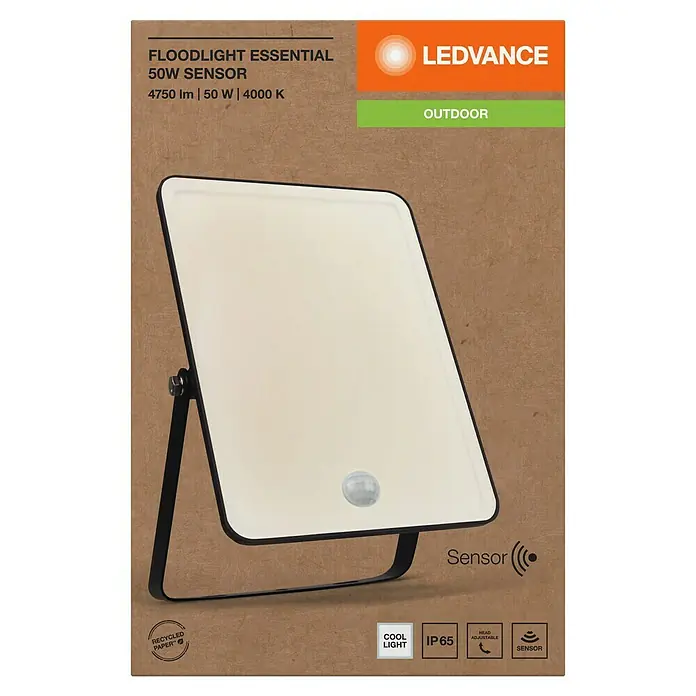 Ledvance Essential LED-Strahler Sensor - 50 W, 4.750 lm, IP65, L x B x H: 238 x 161 x 34 mm - LEDVANCE Floodlight Essential 50W Sensor für den Außenbereich, mit 4750 Lumen und 4000 Kelvin, ideal zur Ausleuchtung von Gärten und Wegen.