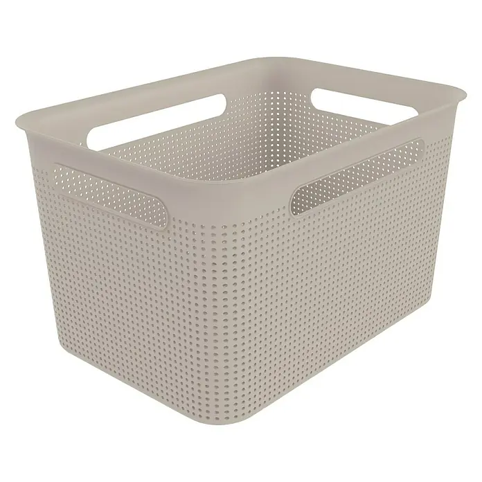 Rotho Aufbewahrungsbox Brisen - L x B x H: 36 x 26,2 x 21,1 cm, Kunststoff, Cappuccino - Eine beigefarbene, rechteckige Aufbewahrungsbox aus Kunststoff mit Griffen und kleinen Löchern zur Belüftung. Ideal für die Organisation im Haushalt.