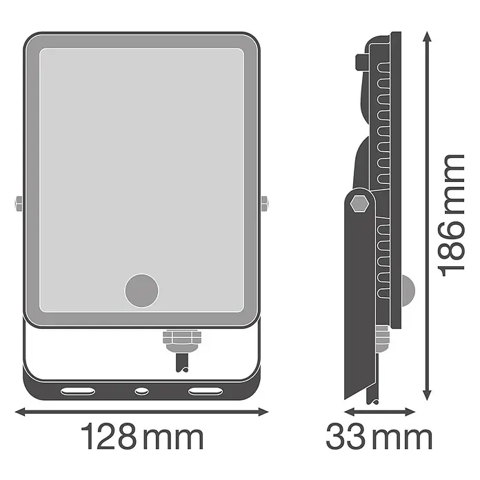 Ledvance LED Baustrahler Essential Sensor - 30 W, 2.700 lm, 4.000 K, 238 x 161 x 30 mm, IP65 - Produktbild eines LED-Strahlers mit den Maßen 128mm Breite, 186mm Höhe und 33mm Tiefe.