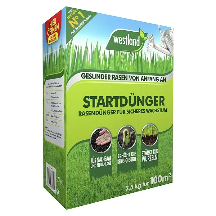 Westland Rasendünger - 2,5 kg, Max. Anwendungsfläche: 100 m² - Bild eines Westland Startdünger-Pakets für gesunden Rasen von Anfang an, ideal für Nachsaat und sicheres Wachstum.