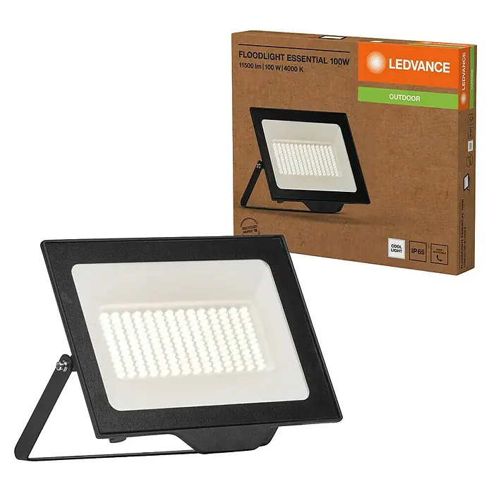 Ledvance LED-Baustrahler - 100 W, 10.000 lm, 4.000 K, 270 x 30 x 222 mm, IP65 - Beleuchteter schwarzer LED-Fluter und seine braune LEDVANCE-Verpackung.