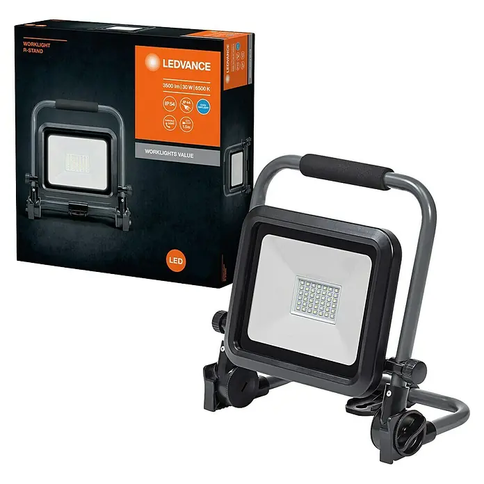 Osram LED Baustrahler Worklights Value - 3.000 lm, 6.500 K, 28,8 x 16,9 x 27,7 cm, IP54 - LEDVANCE Worklight R-Stand: Eine tragbare Arbeitsleuchte mit robustem Gestell und hoher Leuchtkraft für den flexiblen Einsatz.