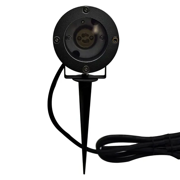 Starlux Splash LED-Gartenstrahler - 3 W, Schwarz, IP44, LED - Nahaufnahme eines schwarzen Gartenstrahlers mit Erdspieß und Kabel auf einem weißen Hintergrund.