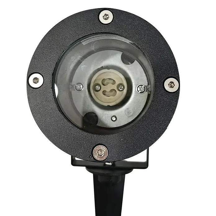 Starlux Splash Foco de jardín LED - 3 W, Negro, IP44, LED - Primer plano de una lámpara de jardín negra con vidrio protector transparente y portalámparas, fijada a una estaca de tierra.